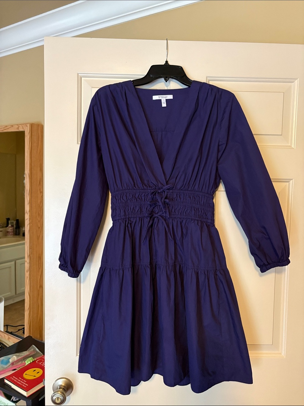 10 Crosby Derek Lam Deep Plum Long-Sleeve Smocked-Waist Dress